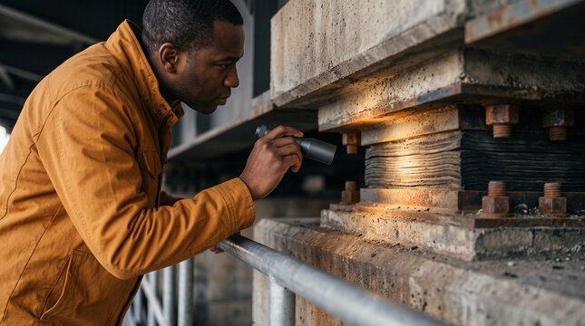 Engineer examines elastomeric bridge bearing layers