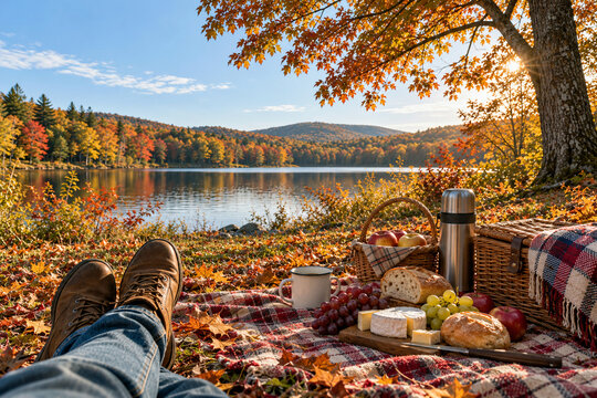 Autumn lakeside picnic with colorful fall foliage, calm blue lake reflection, wicker baskets, bread, fruit, cheese, plaid blanket, golden sunlight, peaceful water, trees, sky and scenic nature.