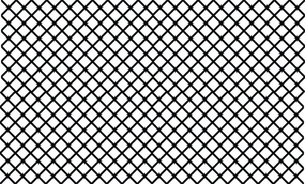 Black wire mesh vector pattern, chain link fence texture background, metallic diagonal net grid, industrial geometric lattice pattern on transparent background