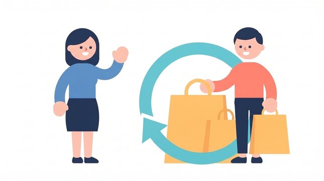 People shopping with return and exchange arrow concept illustration