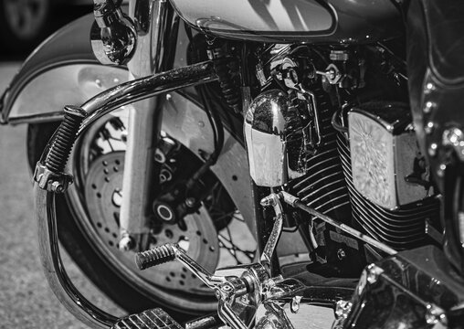 Details motorcycle engine close-up in black and white photo