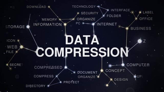 Data compression constellation animated word cloud, text design animation, seamless loop