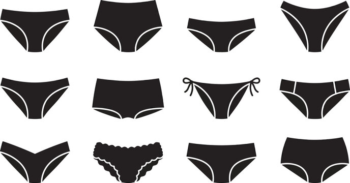Set of Women's Underwear Vector Icons and Panty Silhouettes: Comprehensive Collection of Lingerie Styles Including Bikini, Briefs, Thong, Boyshorts, and High-Waisted Knickers in Black Color