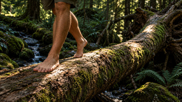 Close-up of bare feet walking across a mossy fallen log over a stream in a lush green forest, practicing grounding and connecting with nature