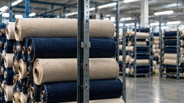 Colorful fabric rolls stored on warehouse shelves for textile manufacturing and inventory management