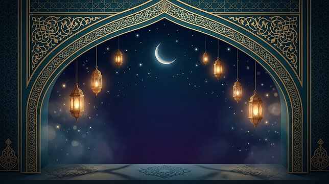 Islamic arch with crescent moon and lanterns for Ramadan Kareem background