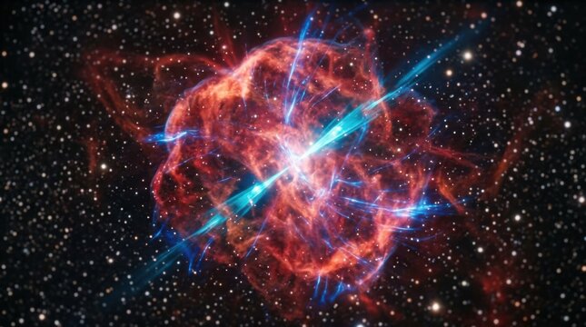 Synchrotron emission and relativistic particle jets accelerating through ionized gas in a magnetized supernova remnant in deep space.