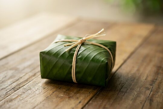 Small square gift box wrapped in green banana leaf with natural raffia tie on rustic wooden surface