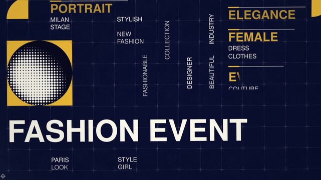 Fashion event animated word cloud, swiss grid text design animation, seamless loop