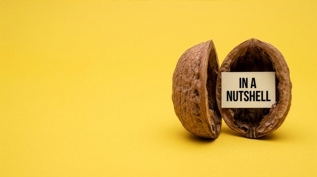 An opened empty walnut shell showing a paper note with in a nutshell text inside on a bright yellow background summary explanation briefing information overview concept
