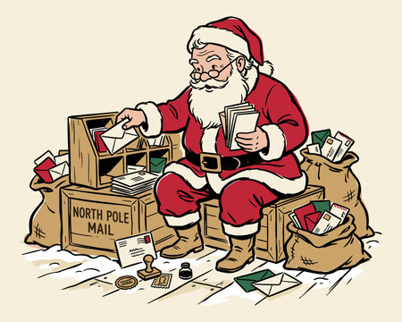 Santa Claus sorting through Christmas letters and mail at the North Pole in vintage drawing style