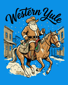 Hand Drawn Cowboy Santa Claus Riding a Horse in Old West Town for Western Yule Christmas Artwork