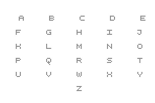 Digital dot matrix alphabet font set. Dotted uppercase letters isolated on white background. Flat vector illustration for LED display, digital clock, and technology interface