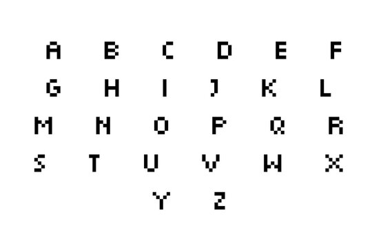 Pixel art alphabet font set. 8-bit retro video game style black uppercase letters isolated on white background. Flat vector illustration for arcade and digital design.