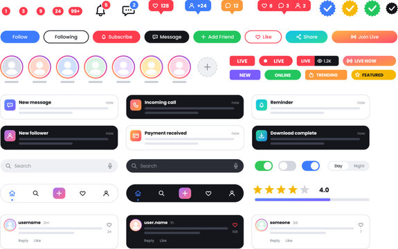Social media notification UI elements kit, badges, like counters, follow buttons, story rings, live badges, toast notifications, tab bars and comments vector