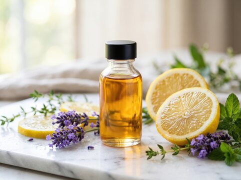 Glass bottle with golden essential oil surrounded by fresh lemons, lavender flowers, and mint leaves on a marble surface, perfect for aromatherapy and wellness concepts