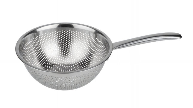 Stainless steel colander with a long handle on a white background