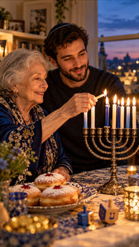 Young Jewish man wearing kippah lighting Hanukkah menorah candles with his smiling senior grandmother at festive home table with sufganiyot.