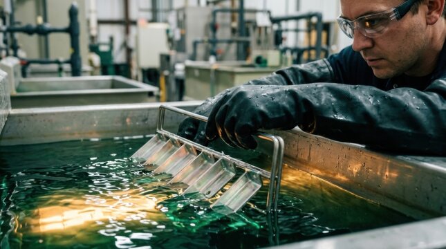 Chemical operator in nitrile gloves and goggles inspecting polished aluminum brackets lowered into an illuminated anodizing immersion bath.