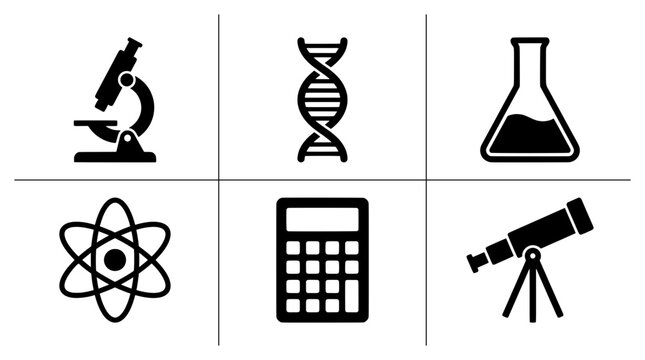 Science icons set with microscope, DNA, flask, atom, calculator and telescope for education