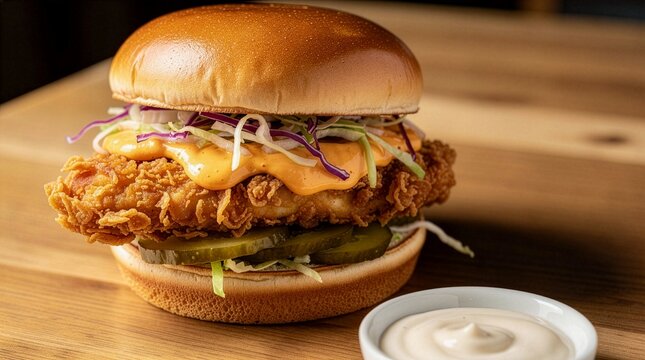 Close up of a crispy fried chicken sandwich with white sauce pickles and purple cabbage coleslaw served on a wooden board with dipping sauce for fried chicken sandwich day dining concept