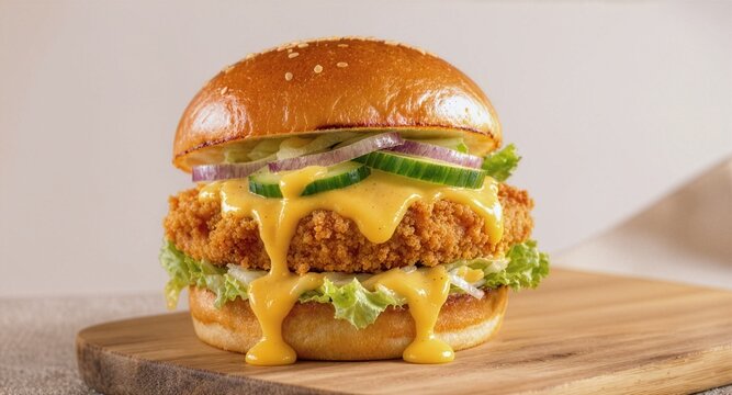 A crispy fried chicken sandwich with dripping melted cheese sauce sliced cucumber and lettuce on a wooden cutting board for national fried chicken sandwich day fast food concept
