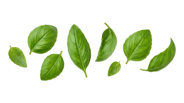 Fresh green basil leaves arranged in a row, isolated on a white background, view, culinary herb
