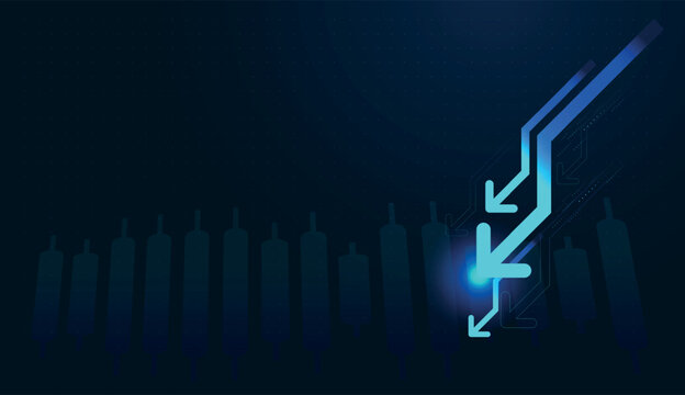 Set of Glowing blue downing arrows moving down represent decreasing demand, declining supply, and changing finance market trends