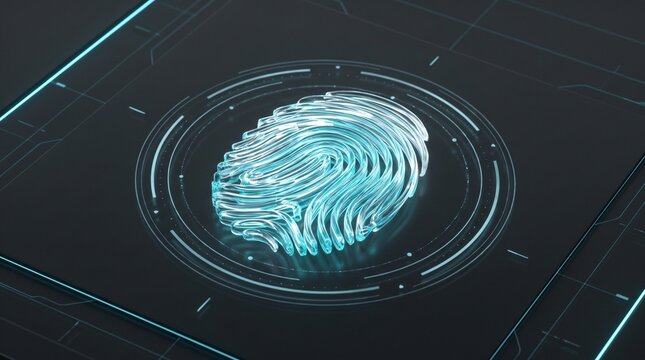 Biometric fingerprint scanner glowing with cyan light on a dark circuit surface representing cyber identification security.