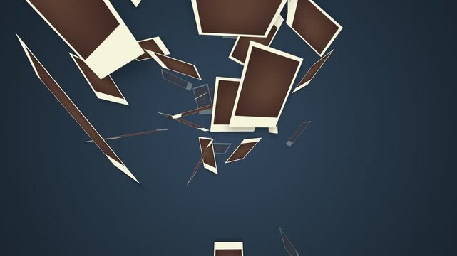 Conceptual animation of blank vintage instant photo frames and film negatives falling through a dark blue space.