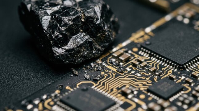 Jagged black raw coltan mineral ore resting among microchips and gold-plated circuit board traces on a black anti-static mat.