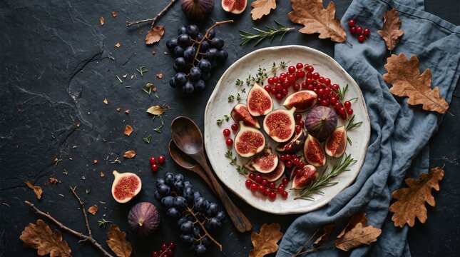 Overhead flat lay of figs, berries and autumn leaves around a rustic plate on dark slate, food photography. A white ceramic plate holds sliced figs, red berries and herbs, surrounded by black grapes,