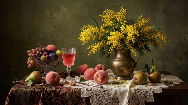 Baroque fruit still life with mimosa flowers and lace, painterly photography. Peaches, pears and a glass bowl of fruit sit with a pink drink on patterned cloth beside a bronze vase of yellow blossoms.
