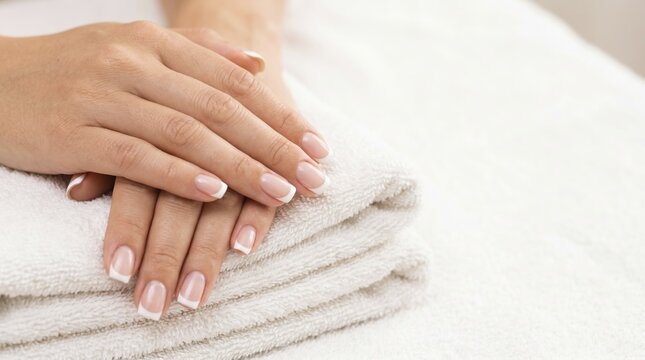 Manicured female hands rest gracefully upon clean white folded towel in bright spa salon setting. Elegant fingers display neat french tips, highlighting smooth skin with peaceful grace.