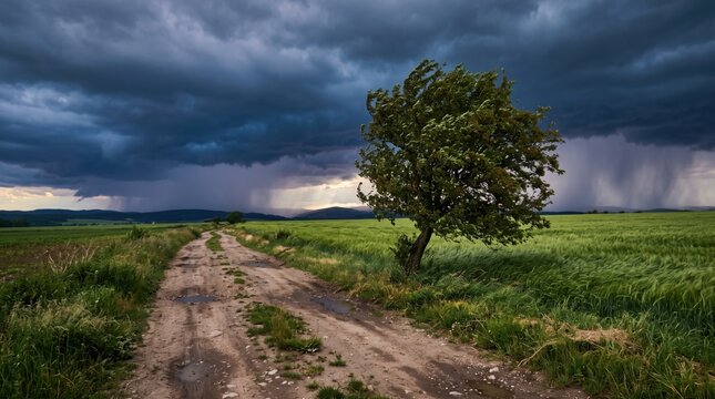 Lone tree and approaching storm over countryside dirt road, a solitary leafy tree stands beside a green wheat field as dark clouds and a rain shower loom in the distance. A rutted dirt path leads into