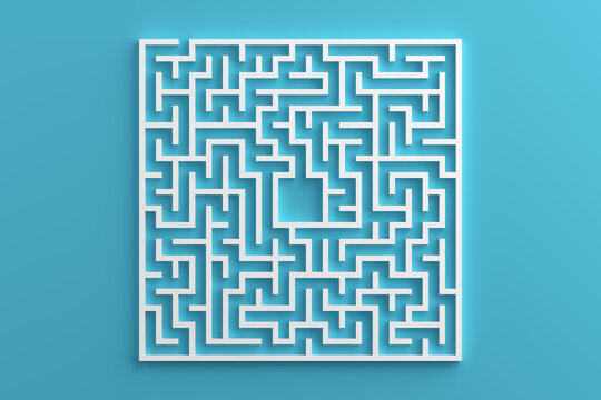 Business Problem Solving Concept. White Square Maze With Complex Paths And Walls On Cyan Background. 3d Rendering