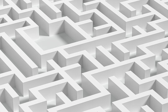Business Challenge Concept. White Geometric Maze With Complex Paths And High Walls On White Background, Symbolizing Strategy, Problem Solving And Decision Making. 3d Rendering
