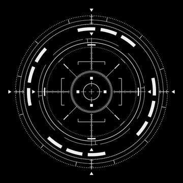 Futuristic HUD Targeting Element. White Circular Reticle With Crosshair, Rings, Markers And Technical Indicators On Black Background. 3d Rendering