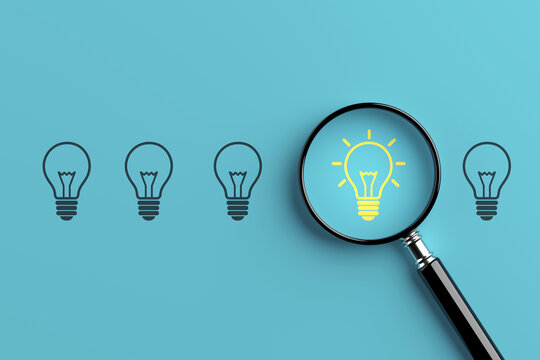 Innovation Search Concept. Magnifying Glass Highlights A Bright Yellow Light Bulb Among Dark Bulbs On Cyan Background. 3d Rendering