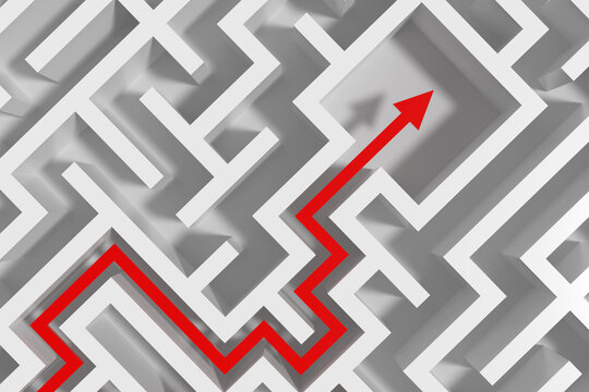 Business Strategy And Solution Concept. Red Path Arrow Shows A Route Through A White Maze On White Background. 3d Rendering