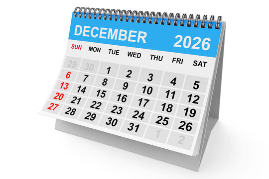 2026 Year December Calendar. 3d Rendering
