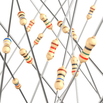 Electronic Components Concept. Beige Axial Resistors With Colored Bands And Metal Leads Crossing On White Background. 3d Rendering