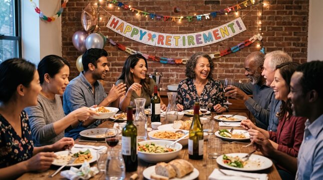 Group of multiethnic friends and family seated at a dining table enjoying a meal and wine, retirement banner hanging on a brick wall behind. Warm cheerful atmosphere, laughing expressions, shallow