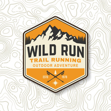 Vintage Mountain Trail Running Sports Badge, Wild Run Outdoor Adventure Emblem with Alpine Peaks and Trekking Poles, Retro Hiking Patch and Sticker for Camping Apparel