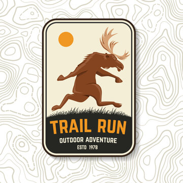 Vintage Outdoor Adventure Sports Badge with Running Moose, Trail Run Patch and Sticker Design, Wildlife Illustration for Hiking, Extreme Sport, Fitness and Camping