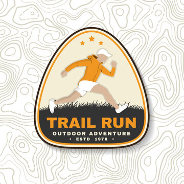 Vintage Trail Running Athlete Sports Badge, Outdoor Adventure Emblem with Dynamic Runner Illustration, Retro Hiking Patch and Sticker Design for Fitness, Training and Camping Apparel