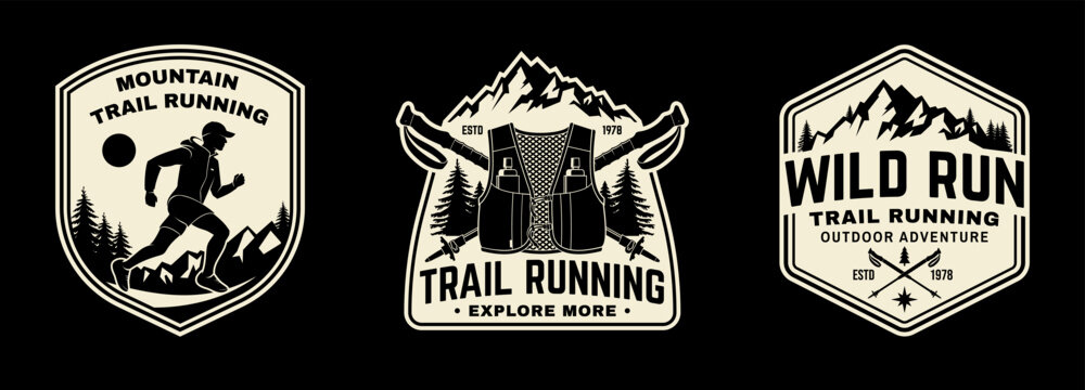 Vintage Mountain Trail Running Badge Set with Runner Shield, Trail Running Hydration Vest and Wild Run Mountain Emblems, Outdoor Adventure Patch and Sticker Designs for Hiking and Camping