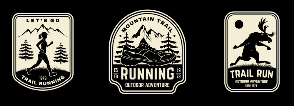 Vintage Outdoor Adventure Trail Running Badge Set with Mountain Runner, Alpine Running Shoe and Moose Trail Run Emblems, Retro Sports Patch and Sticker Designs for Hiking, Camping and Fitness