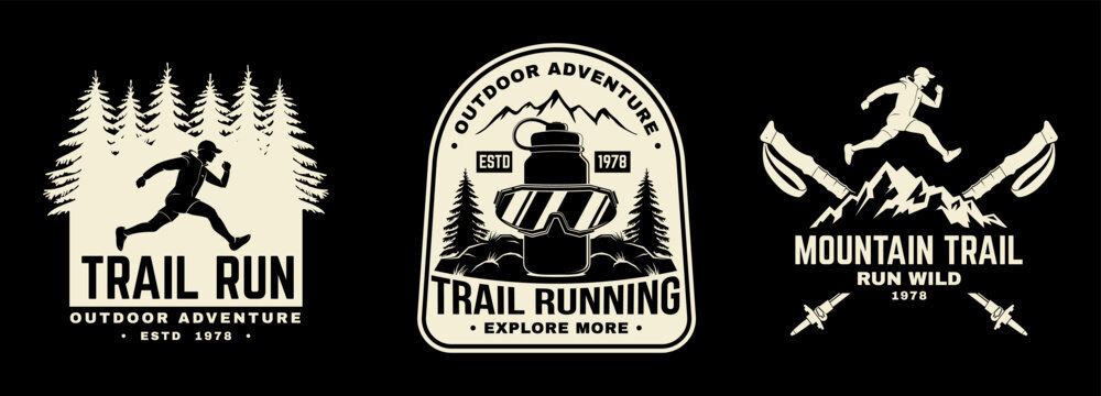 Vintage Trail Running and Outdoor Adventure Badge Set with Forest Runner, Trail Running Goggles and Mountain Trail Emblems, Retro Sports Patch and Sticker Designs for Hiking, Camping and Fitness