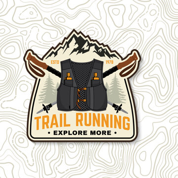 Vintage Trail Running Sports Badge with Hydration Vest, Mountain Peaks and Trekking Poles, Outdoor Adventure Emblem and Retro Hiking Patch Design for Fitness, Camping and Extreme Sports